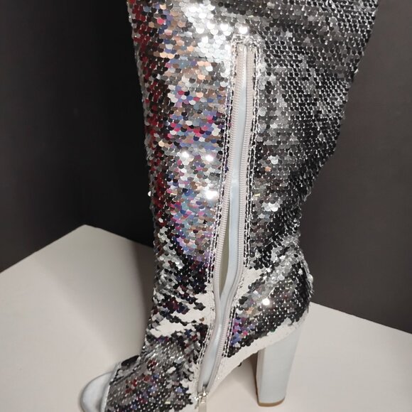 KHPAERMEI Sexy Sparkly Size 8 Thigh High Boots Open Toe Chunky Heel - Picture 10 of 16